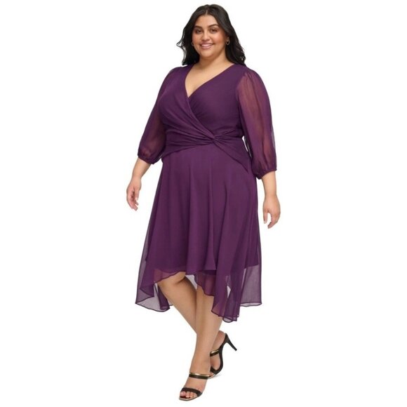 New DKNY Womens Size 14W Purple Twist Front Hem Balloon Sleeve Midi Dress Plus - Picture 1 of 12